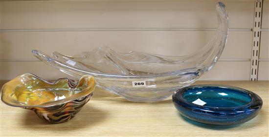 A French art glass splash bowl, a Whitefriars blue glass bowl and iridescent art glass shell bowl